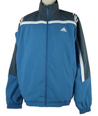 Pánská šedo-modrá šusťáková sportovní bunda s pruhy Adidas 