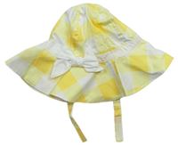 Dámský žluto-bílý kostkovaný plátěný klobouk s mašlí 