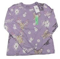 Fialové triko s nápisy a motýlky Primark