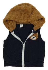 Tmavomodro-hnědá propínací vesta s medvědem a kapucí Shein