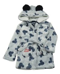 Tmavomodro-bílý melírovaný chlupatý župan s Mickey Mousem a kapucí Disney
