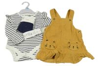 Nové - 3 set - pruhované body + tmavomodré punčocháče + okrové šaty s laclem F&F