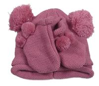 2set - Starorůžová pletená čepice s bambulemi + rukavice