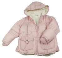 Světlerůžová šusťáková zimní bunda s logem a květy a kapucí Next