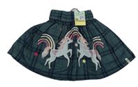 Nové - Tmavomodro-zelená kostkovaná kolová sukně s jednorožci Lily + Sid