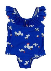 Modré jednodílné plavky s ptáčky a s volánkem zn. H&M