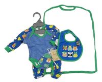 Nové - 4set - Tmavomodro-zelený overal se zvířátky + body + bryndák + rukavice