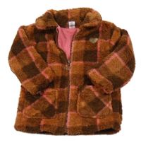 Béžovo-růžovo-hnědá kostkovaná propínací podšitá chlupatá mikina Dopodopo