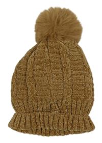 Béžová žinylková zateplená čepice s bambulí 