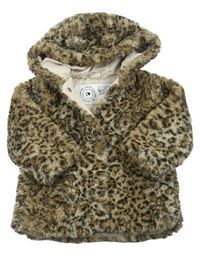 Béžovo-hnědo-tmavohnědý vzorovaný chlupatý zateplený kabátek s kapucí s oušky George
