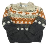 Béžovo-cihlovo-tmavošedý vzorovaný svetr se vzorem a vločkami HEMA