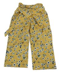 Okrové paper bag kalhoty s kytičkami a páskem 