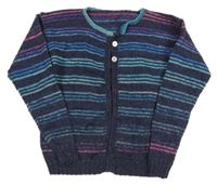 Tmavomodro-barevný pruhovaný melírovaný pletený propínací svetr