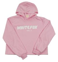 Světlerůžová crop mikina s nápisy a kapucí