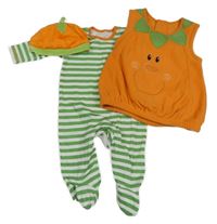 Kostým - 3Set - Oranžovo-zelená fleecová vesta + sametová čepice + zeleno/bílý pruhovaný overal George