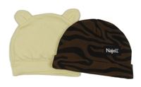 2x - Čepice - Světležlutá s oušky, tmavohnědo/černá vzorovaná s logem Najell