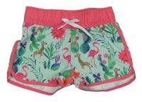 Mátovo-tmavorůžové plážové kraťasy se zvířátky a kaktusy a větvičkami PUSBLU