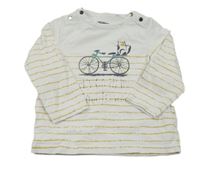 Bílo-okrové pruhované triko s kolem a kočičkou a nápisy ORCHESTRA