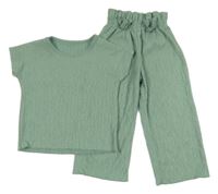 2Set - Olivové mačkané tričko + paper bag kalhoty s mašlemi