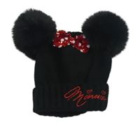 Černá pletená čepice s mašlí z flitrů a bambulemi - Minnie George