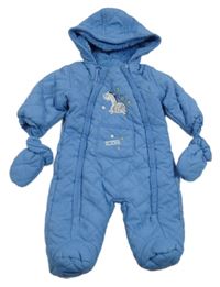 Modrá prošívaná šusťáková zateplená kombinéza se zebrou a kapucí + rukavice Matalan