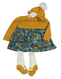 Nové - 3set - Okrovo-modrošedé svetrovo/žebrované šaty s květy + pletená čepice s bambulí + bílé punčocháče