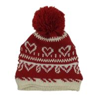 Červeno-smetanová vzorovaná pletená čepice s bambulí pro psa