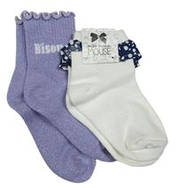 2x ponožky - bílé s volánky s puntíky + lila třpytivé s nápisem