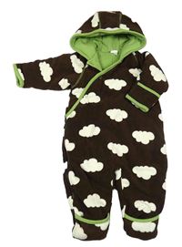 Hnědá fleecová zateplená kombinéza s mraky a kapucí