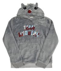 Šedá chlupatá mikina s nápisem z překlápěcích flitrů a kapucí - sob H&M