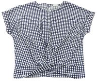 Tmavomodro-bílé kostkované vzorované oversize crop tričko s překřížením ZARA