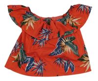 Červený květovaný lehký crop top s volánkem Primark