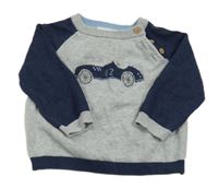 Šedo-tmavomodrý lehký svetr s autem 