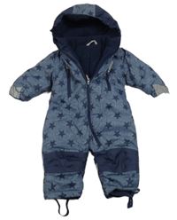 Tmavomodro-modrá šusťáková zimní kombinéza s hvězdami a kapucí 