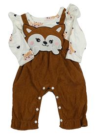 Hnědý lehký manšestrový overal s bílými rukávy s liškami 