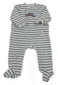 Bílo-tmavomodrý pruhovaný sametový overal s nápisem kiabi