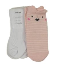 Nové - 2x ponožky - bílé + růžové pruhované s čumákem 