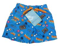 Nové - modré plážové kraťasy s oranžovými obrázky St. Bernard