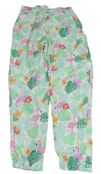 Bílo-zelené volné kalhoty s plameňáky H&M