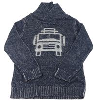 Tmavomodrý melírovaný svetr s autem Topolino