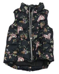Černá šusťáková květovaná zateplená vesta s jednorožci H&M
