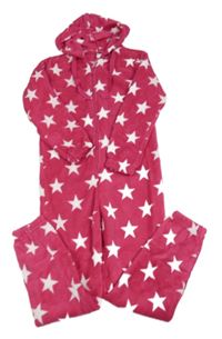 Růžová plyšová kombinéza s hvězdami a kapucí 