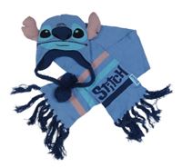 2set - Modrá čepice - Stitch + šála s pruhy a třásněmi 