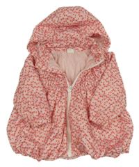 Růžovo-červená šusťáková jarní parka s třešněmi a kapucí H&M