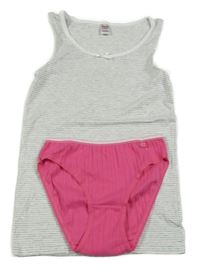 2set - Šedo-bílá pruhovaná košilka + růžové žebrované kalhotky