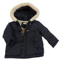 Tmavomodrá šusťáková zimní bunda s kapucí s beránkem Mango