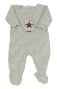 Světlešedo-bílý pruhovaný sametový overal s tučňákem 