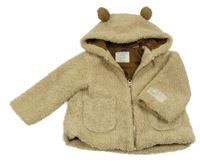 Béžová huňatá podšitá bunda s kapucí s oušky Zara
