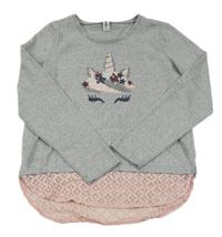 Šedo-růžové úpletové triko s jednorožcem a krajkou Yigga