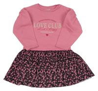 Růžovo-černé teplákové šaty s nápisy a květovanou sukní Matalan